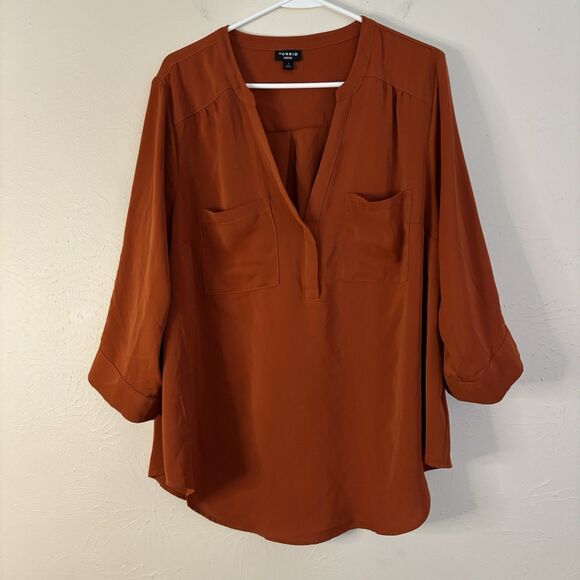 2 Torrid Harper Georgette Pullover 3/4 Sleeve Tunic Blouse 1X Orange & Marbled - Picture 5 of 8